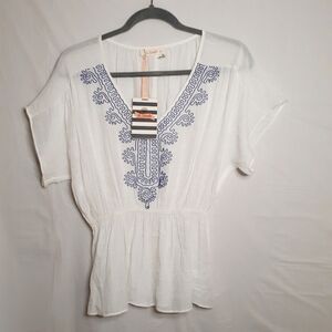 Le Sample Boho Embroidered V-Neck Short Sleeves Blouse Semi-Shear Sz/ S
